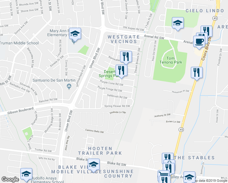map of restaurants, bars, coffee shops, grocery stores, and more near 7612 Purple Fringe Road Southwest in Albuquerque