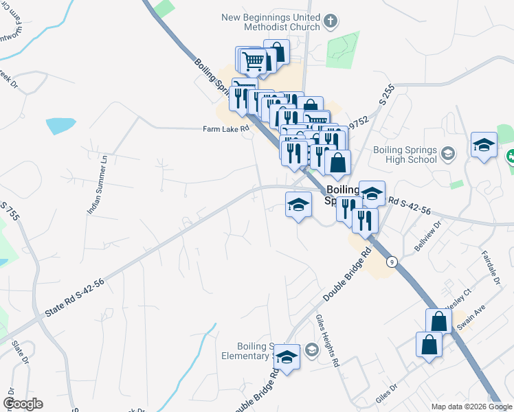 map of restaurants, bars, coffee shops, grocery stores, and more near 126 Schoolyard Road in Boiling Springs