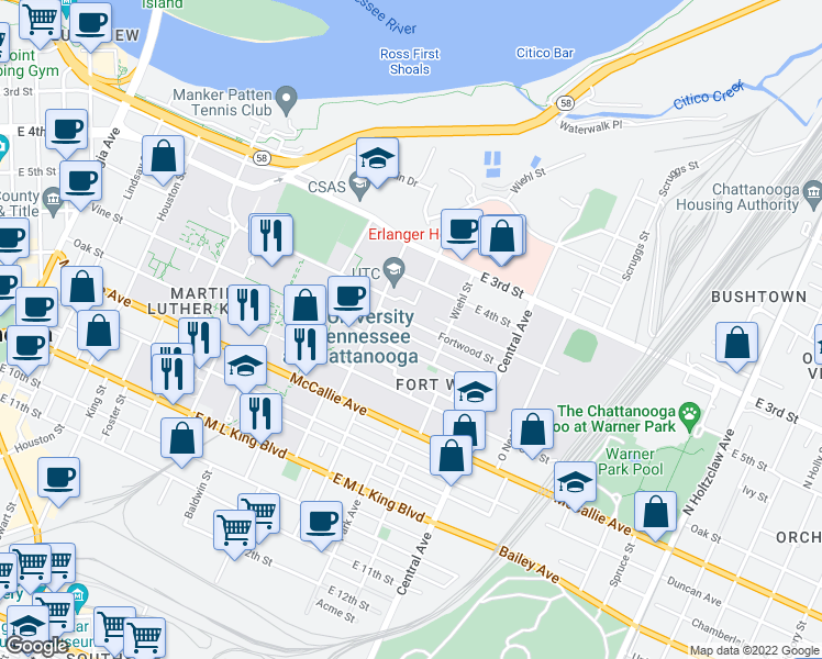 map of restaurants, bars, coffee shops, grocery stores, and more near 836 Fortwood Street in Chattanooga