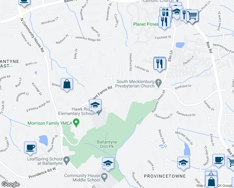 map of restaurants, bars, coffee shops, grocery stores, and more near 9608 Elizabeth Townes Lane in Charlotte