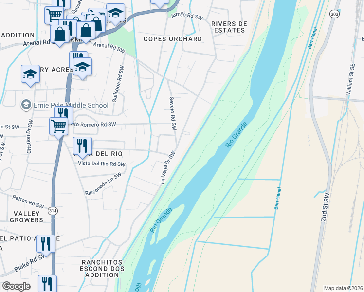 map of restaurants, bars, coffee shops, grocery stores, and more near 1644 La Vega Drive Southwest in Albuquerque