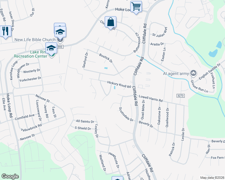 map of restaurants, bars, coffee shops, grocery stores, and more near 1817 Shady Knoll Lane in Fayetteville