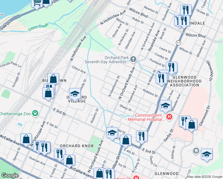 map of restaurants, bars, coffee shops, grocery stores, and more near 1806 Citico Avenue in Chattanooga
