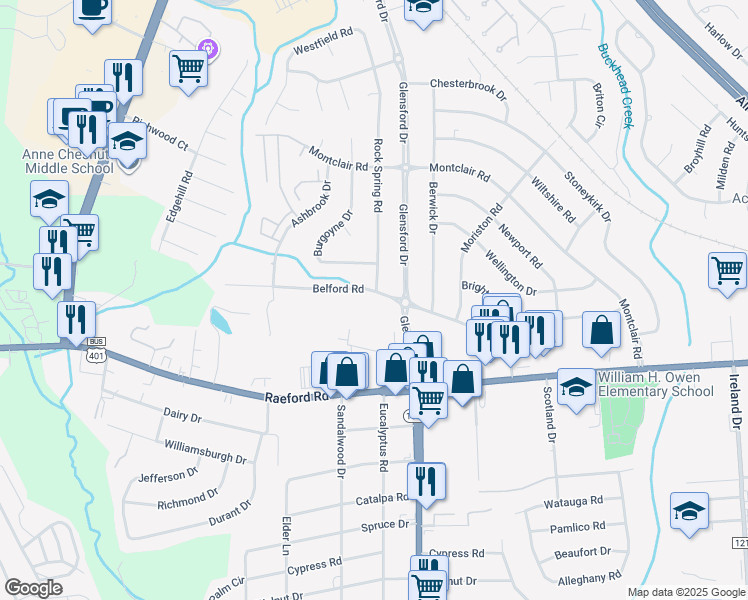 map of restaurants, bars, coffee shops, grocery stores, and more near 4717 Belford Road in Fayetteville