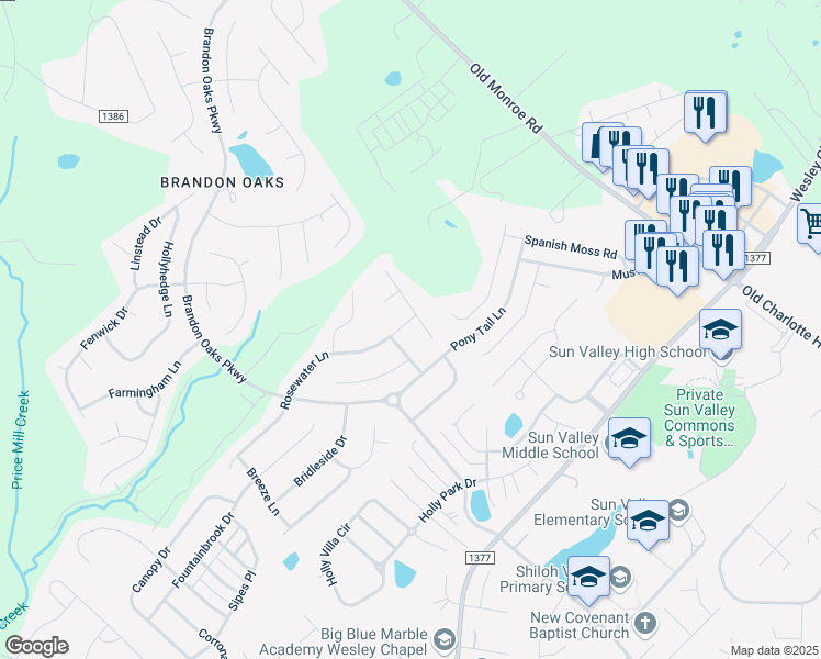 map of restaurants, bars, coffee shops, grocery stores, and more near 5006 Rosewater Lane in Indian Trail