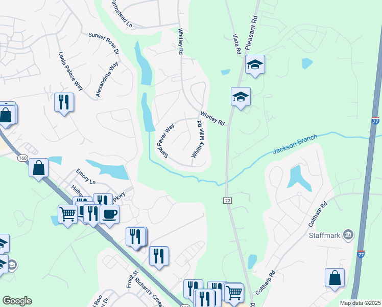 map of restaurants, bars, coffee shops, grocery stores, and more near 178 Whitley Mills in Fort Mill