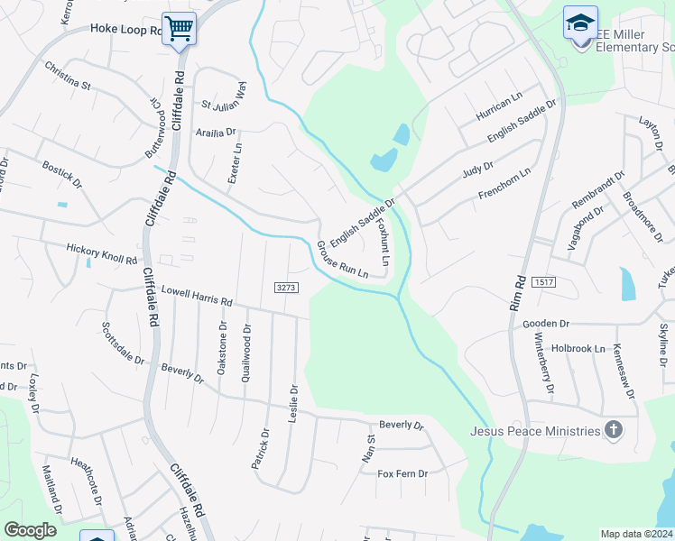 map of restaurants, bars, coffee shops, grocery stores, and more near 8737 Grouse Run Lane in Fayetteville