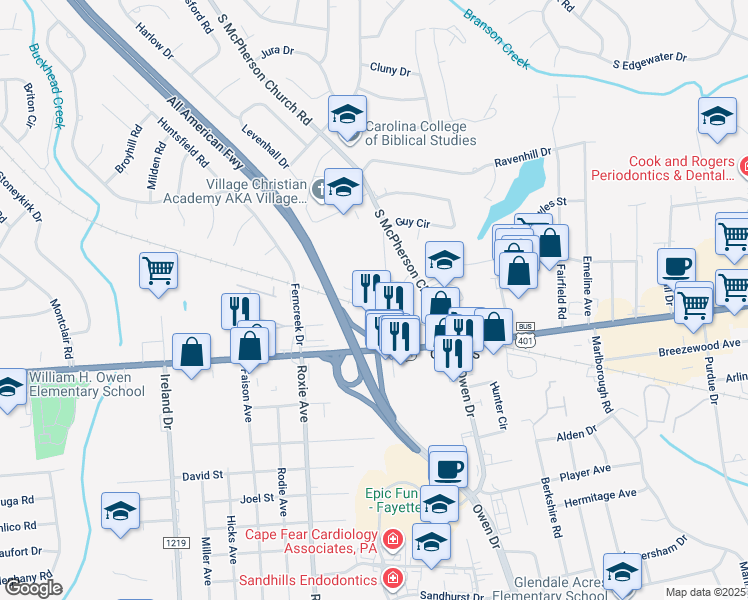 map of restaurants, bars, coffee shops, grocery stores, and more near 3421 Lainey Lane in Fayetteville