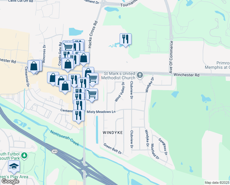 map of restaurants, bars, coffee shops, grocery stores, and more near 3770 Birchvale Drive in Memphis
