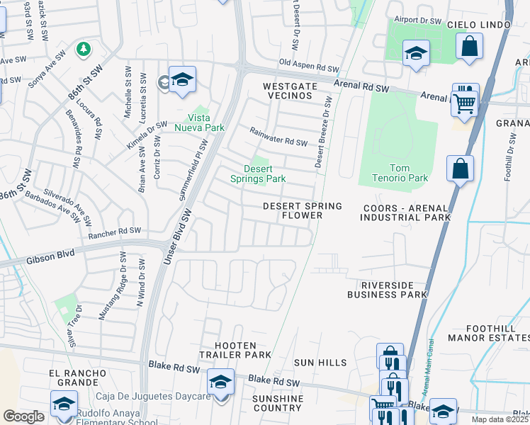 map of restaurants, bars, coffee shops, grocery stores, and more near 7616 Purple Fringe Road Southwest in Albuquerque