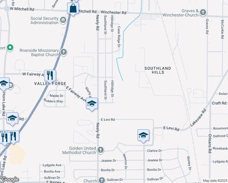 map of restaurants, bars, coffee shops, grocery stores, and more near 3762 Hillridge Street in Memphis