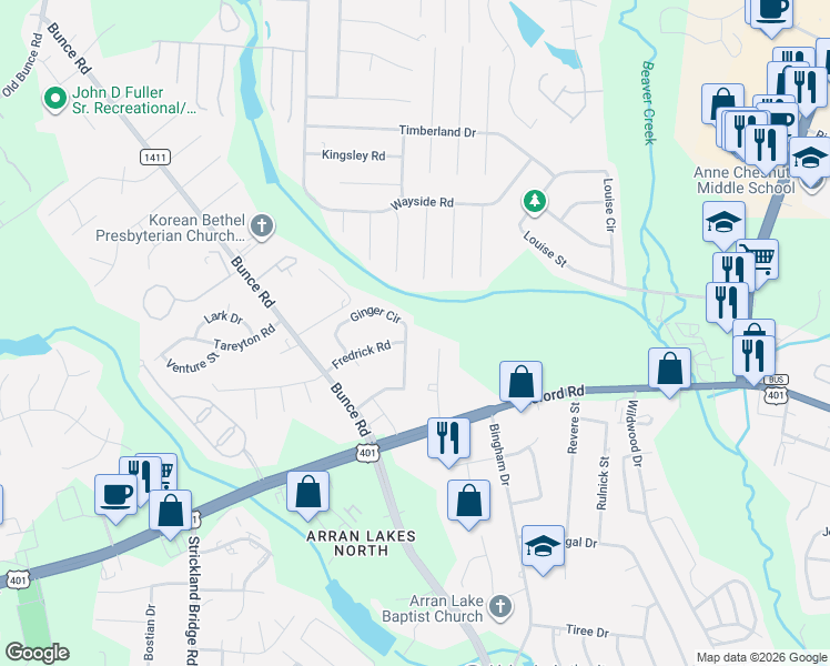 map of restaurants, bars, coffee shops, grocery stores, and more near 6404 Ginger Circle in Fayetteville