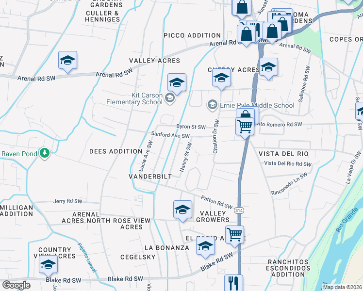 map of restaurants, bars, coffee shops, grocery stores, and more near 2008 Cordelia Street Southwest in Albuquerque