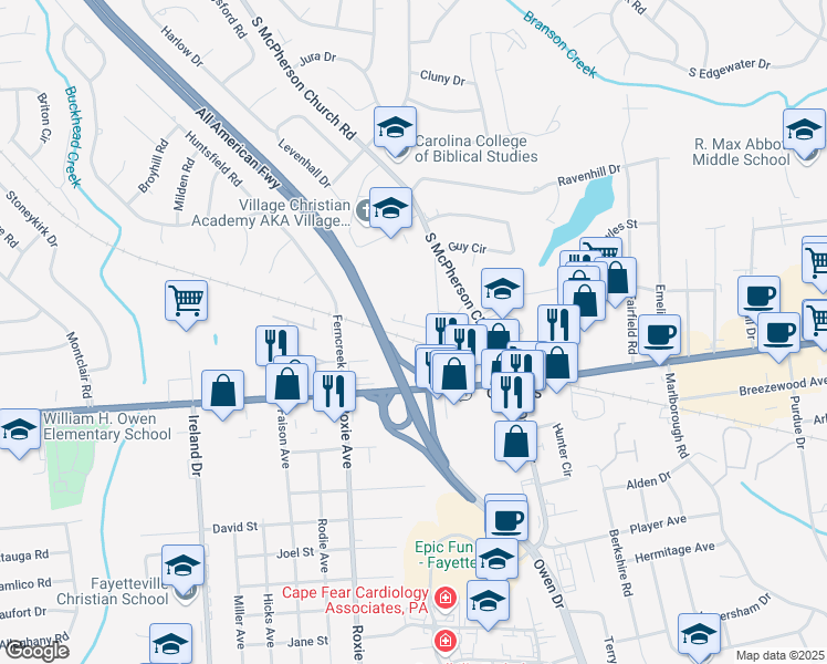 map of restaurants, bars, coffee shops, grocery stores, and more near 3411 Lainey Ln in Fayetteville