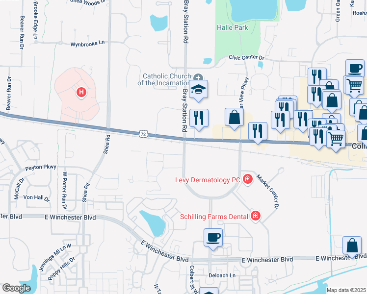 map of restaurants, bars, coffee shops, grocery stores, and more near 1371 Schilling Boulevard West in Collierville