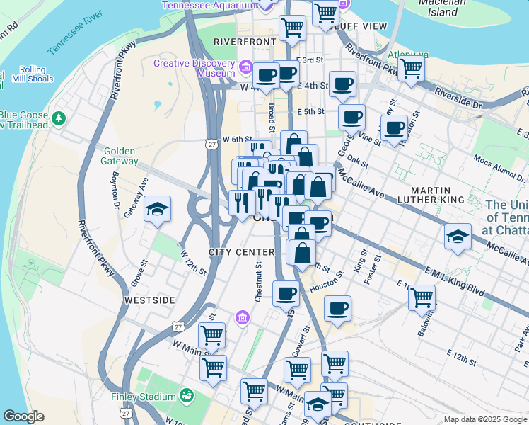 map of restaurants, bars, coffee shops, grocery stores, and more near 827 Broad Street in Chattanooga