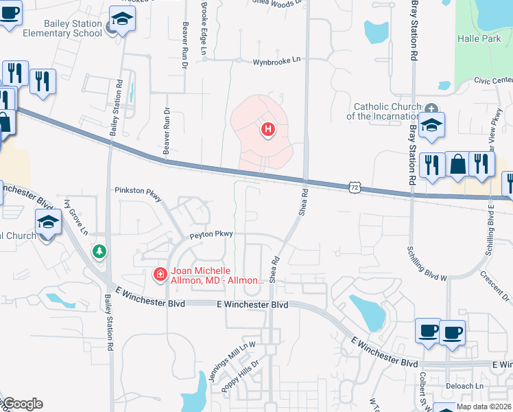 map of restaurants, bars, coffee shops, grocery stores, and more near 1501 Castle Pines Circle in Collierville