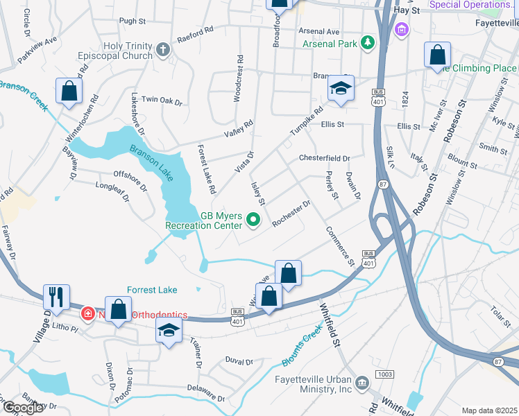 map of restaurants, bars, coffee shops, grocery stores, and more near 811 Isley Street in Fayetteville