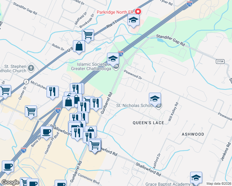 map of restaurants, bars, coffee shops, grocery stores, and more near 2508 Gunbarrel Road in Chattanooga