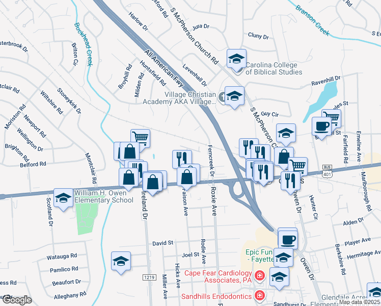 map of restaurants, bars, coffee shops, grocery stores, and more near 821 Astron Lane in Fayetteville