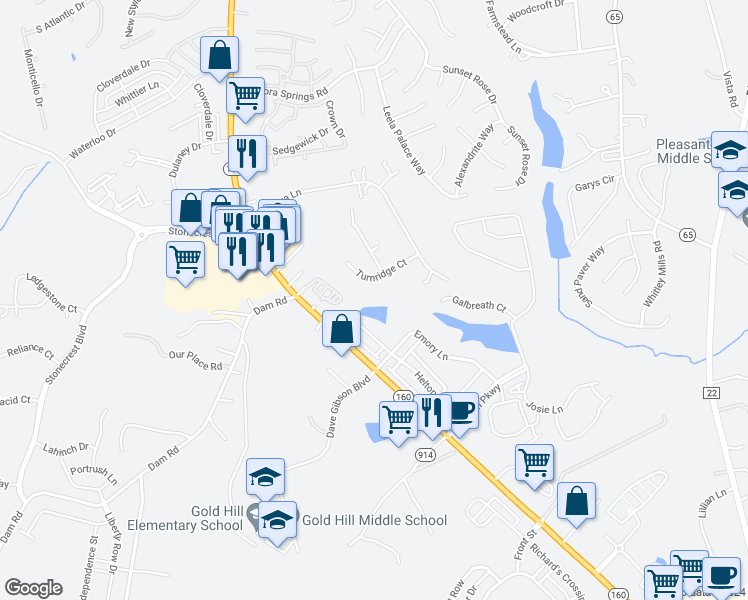 map of restaurants, bars, coffee shops, grocery stores, and more near 2267 Turnridge Court in Fort Mill