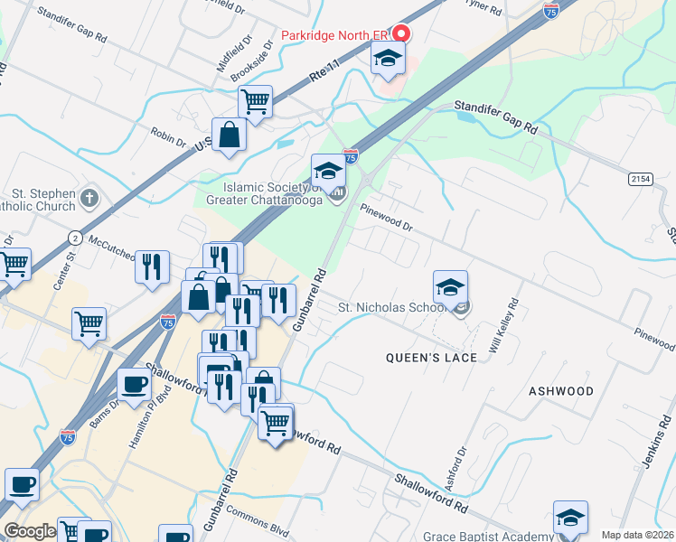 map of restaurants, bars, coffee shops, grocery stores, and more near 2508 Gunbarrel Road in Chattanooga