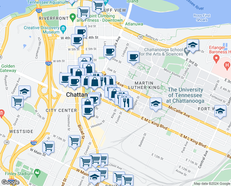 map of restaurants, bars, coffee shops, grocery stores, and more near 324 East 8th Street in Chattanooga