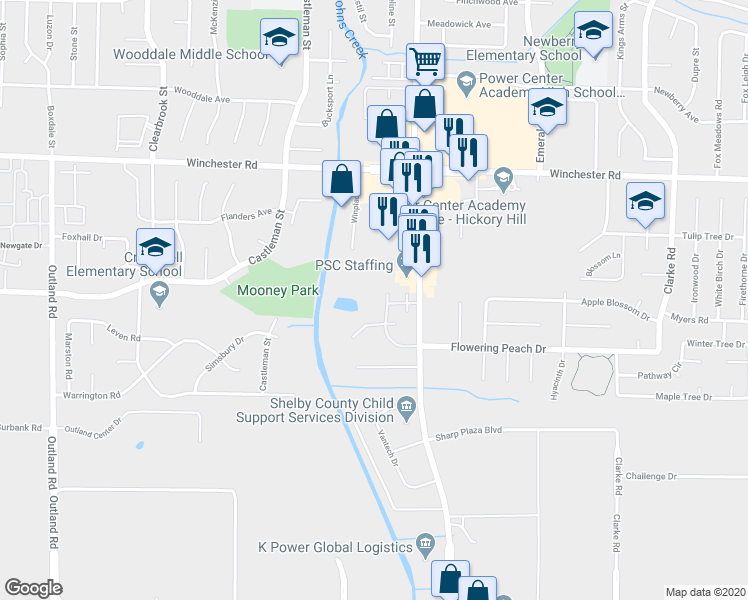 map of restaurants, bars, coffee shops, grocery stores, and more near 3765 Cambridge Station Drive in Memphis