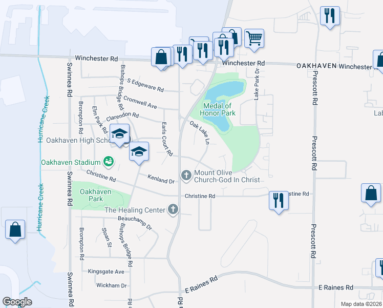 map of restaurants, bars, coffee shops, grocery stores, and more near 3302 East Oak Side Drive in Memphis