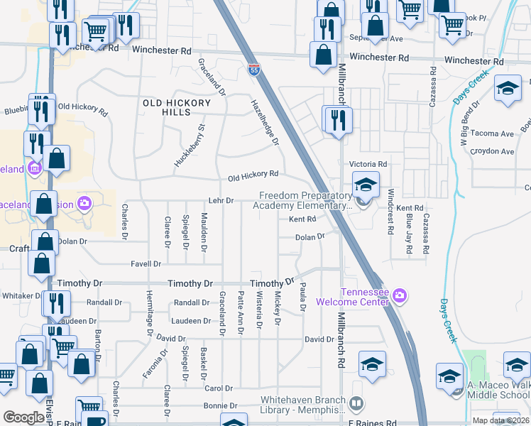map of restaurants, bars, coffee shops, grocery stores, and more near 3770 Wisteria Cove in Memphis