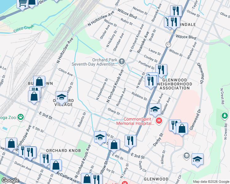 map of restaurants, bars, coffee shops, grocery stores, and more near 1903 Citico Avenue in Chattanooga