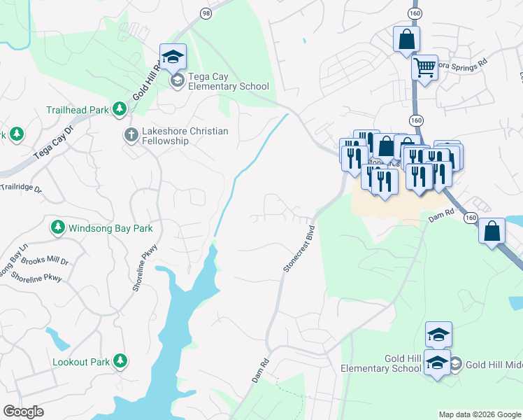 map of restaurants, bars, coffee shops, grocery stores, and more near 824 Ledgestone Court in Tega Cay