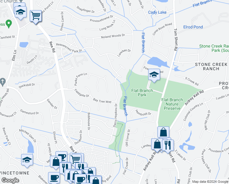 map of restaurants, bars, coffee shops, grocery stores, and more near 8903 Darcy Hopkins Drive in Charlotte