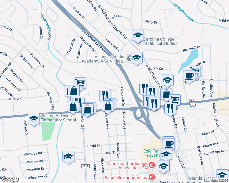 map of restaurants, bars, coffee shops, grocery stores, and more near 811 Astron Lane in Fayetteville