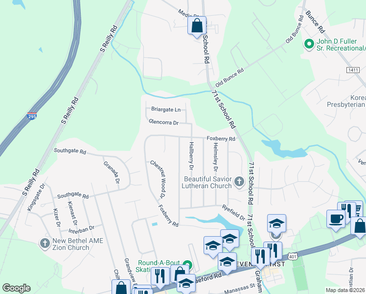 map of restaurants, bars, coffee shops, grocery stores, and more near 1131 Curry Ford Road in Fayetteville
