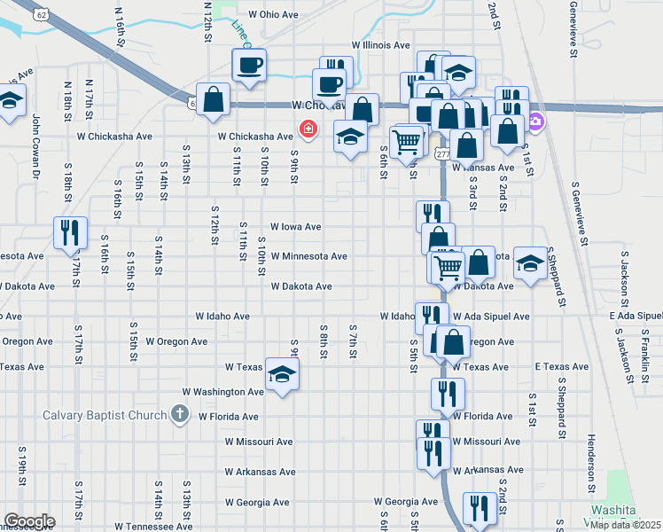 map of restaurants, bars, coffee shops, grocery stores, and more near 511 S 8th St in Chickasha