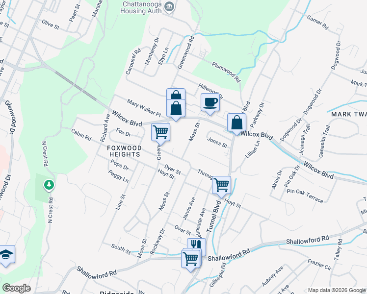 map of restaurants, bars, coffee shops, grocery stores, and more near 1309 Moss Street in Chattanooga