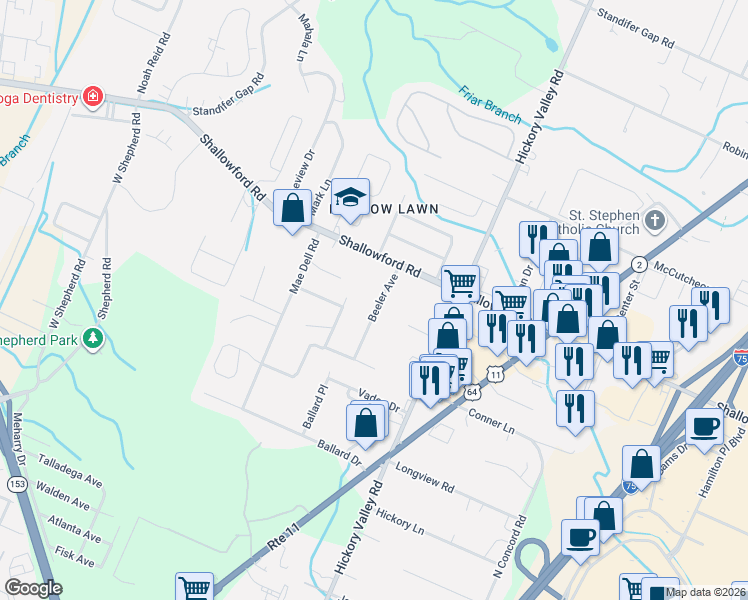 map of restaurants, bars, coffee shops, grocery stores, and more near 2223 Beeler Avenue in Chattanooga