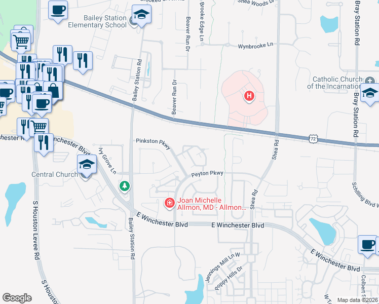 map of restaurants, bars, coffee shops, grocery stores, and more near 1735 Village Ridge Road in Collierville