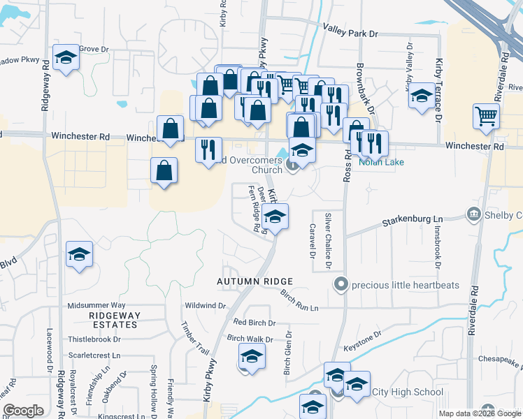 map of restaurants, bars, coffee shops, grocery stores, and more near 3758 Fern Ridge Road in Memphis