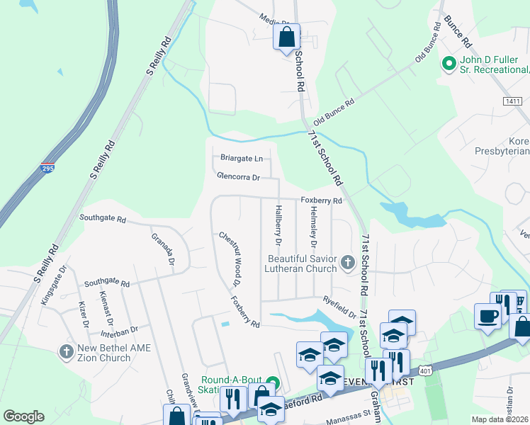 map of restaurants, bars, coffee shops, grocery stores, and more near 1131 Curry Ford Road in Fayetteville