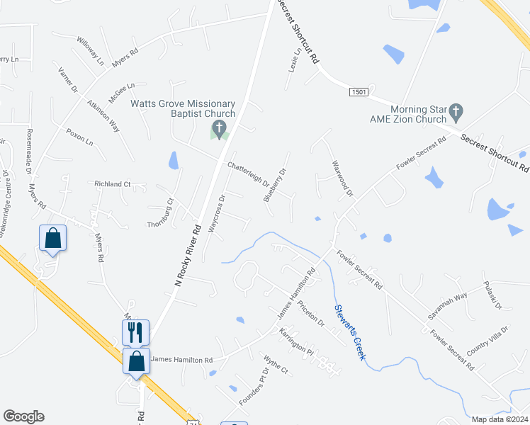 map of restaurants, bars, coffee shops, grocery stores, and more near 2921 Blueberry Drive in Monroe