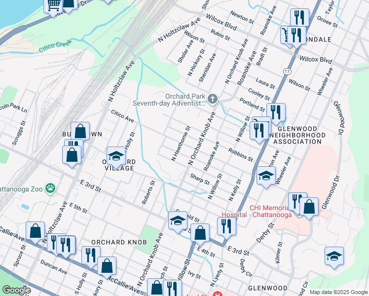 map of restaurants, bars, coffee shops, grocery stores, and more near 1806 Citico Avenue in Chattanooga