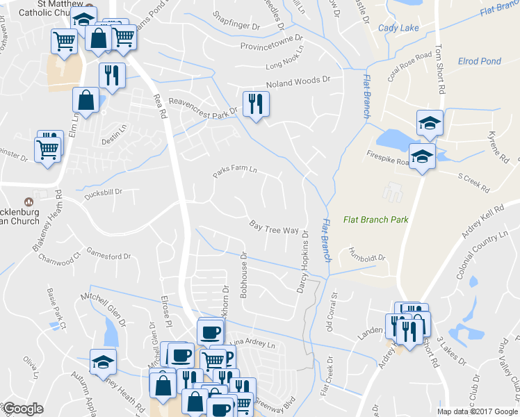 map of restaurants, bars, coffee shops, grocery stores, and more near 8818 Gelligum Drive in Charlotte
