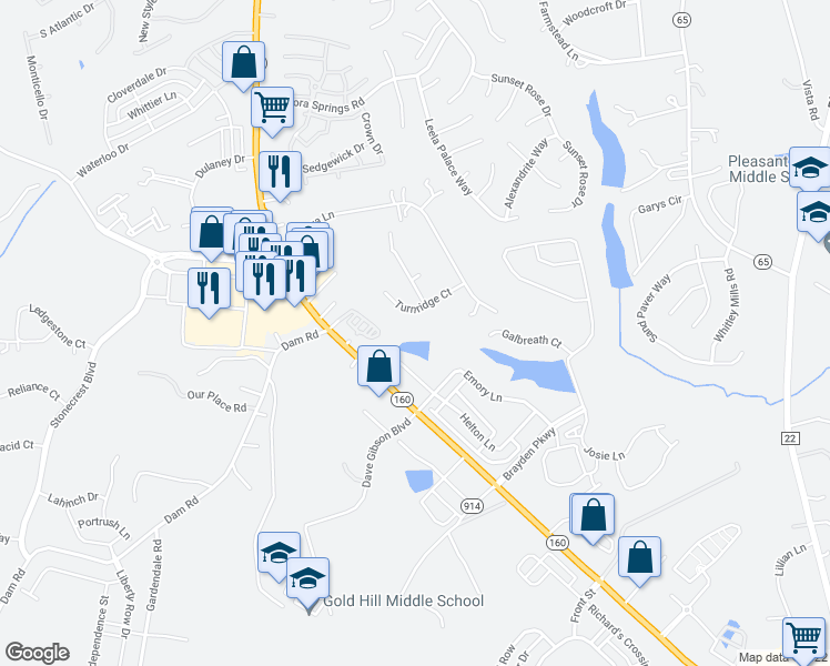 map of restaurants, bars, coffee shops, grocery stores, and more near 2267 Turnridge Court in Fort Mill