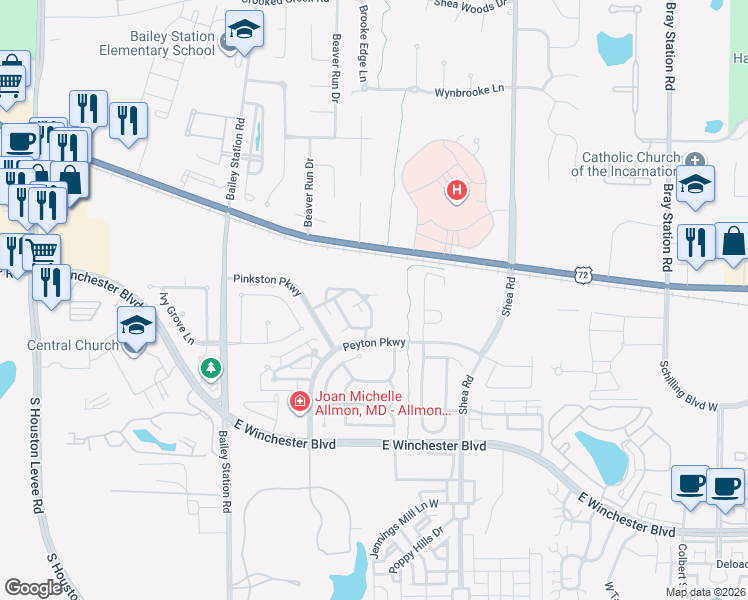 map of restaurants, bars, coffee shops, grocery stores, and more near 1715 Wainwright Court in Collierville