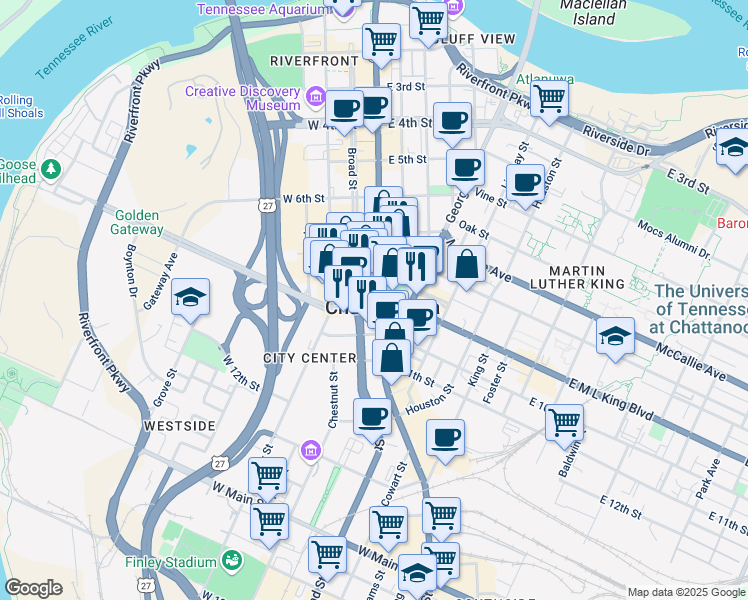 map of restaurants, bars, coffee shops, grocery stores, and more near 835 Market Street in Chattanooga