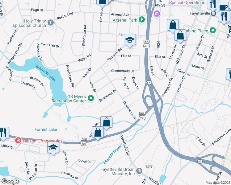 map of restaurants, bars, coffee shops, grocery stores, and more near 723 Commerce Street in Fayetteville