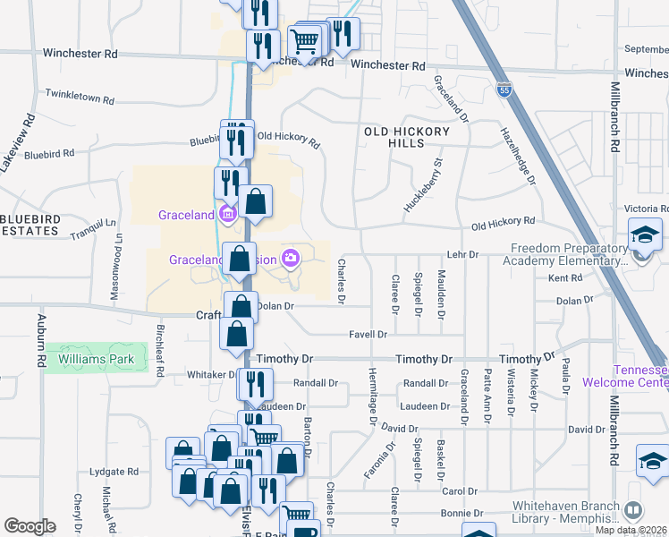 map of restaurants, bars, coffee shops, grocery stores, and more near 3759 Charles Drive in Memphis
