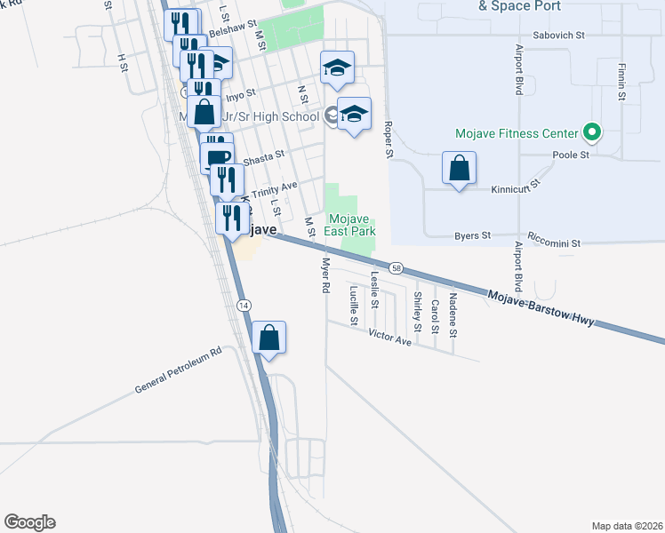map of restaurants, bars, coffee shops, grocery stores, and more near 1954 California 58 Business in Mojave